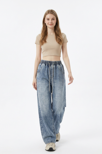 Women's Drawstring Relaxed Wide-Leg Jeans