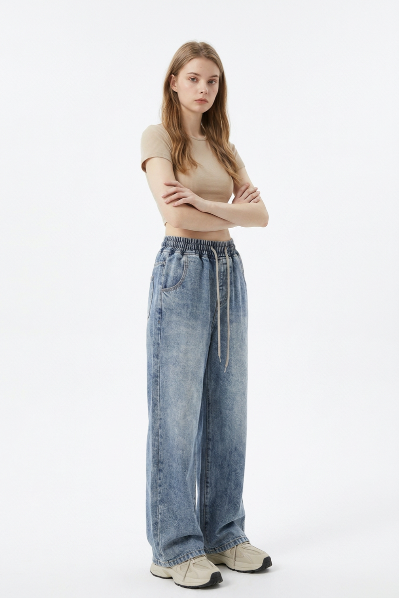 Women's Drawstring Relaxed Wide-Leg Jeans