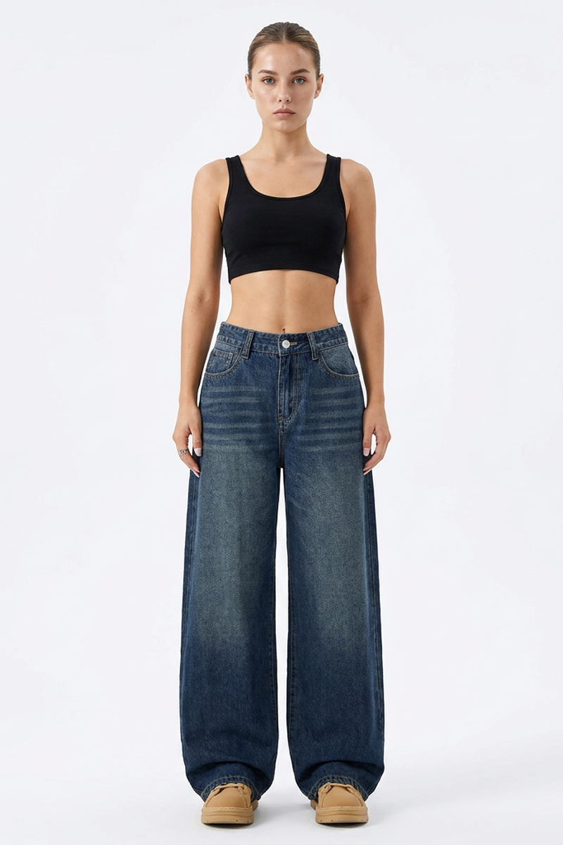 Women's Vintage Wash High-Waisted Relaxed Wide-Leg Jeans