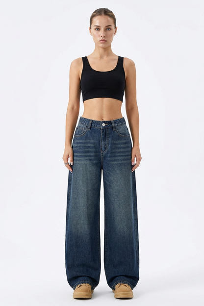 Women's Vintage Wash High-Waisted Relaxed Wide-Leg Jeans