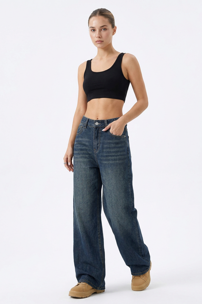 Women's Vintage Wash High-Waisted Relaxed Wide-Leg Jeans