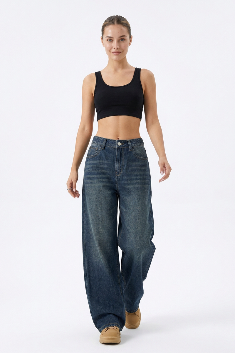 Women's Vintage Wash High-Waisted Relaxed Wide-Leg Jeans