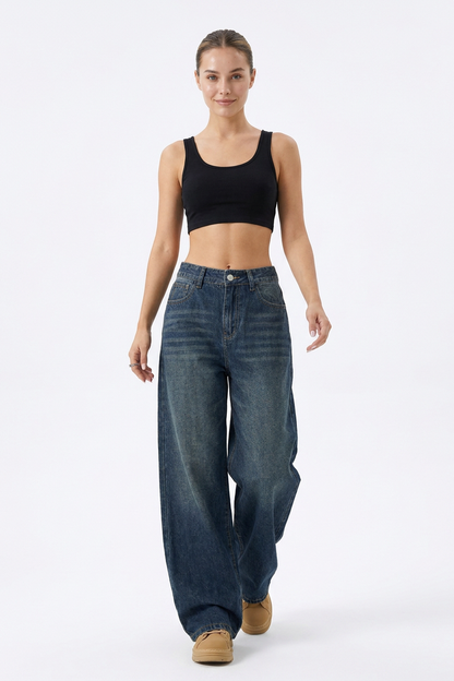 Women's Vintage Wash High-Waisted Relaxed Wide-Leg Jeans