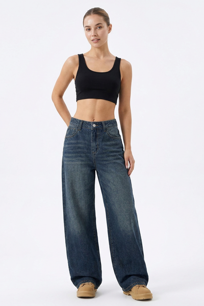 Women's Vintage Wash High-Waisted Relaxed Wide-Leg Jeans