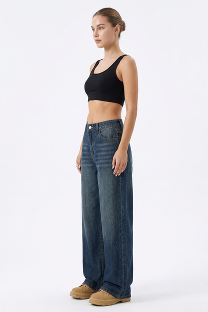 Women's Vintage Wash High-Waisted Relaxed Wide-Leg Jeans
