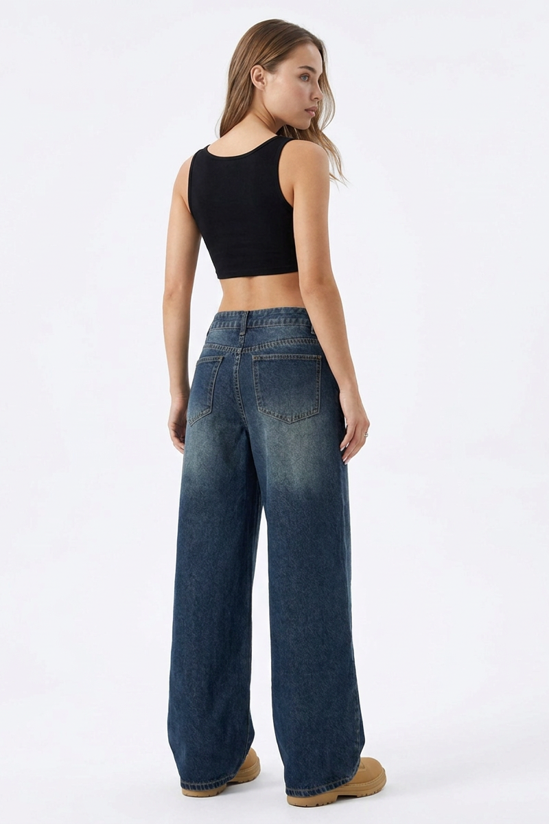 Women's Vintage Wash High-Waisted Relaxed Wide-Leg Jeans