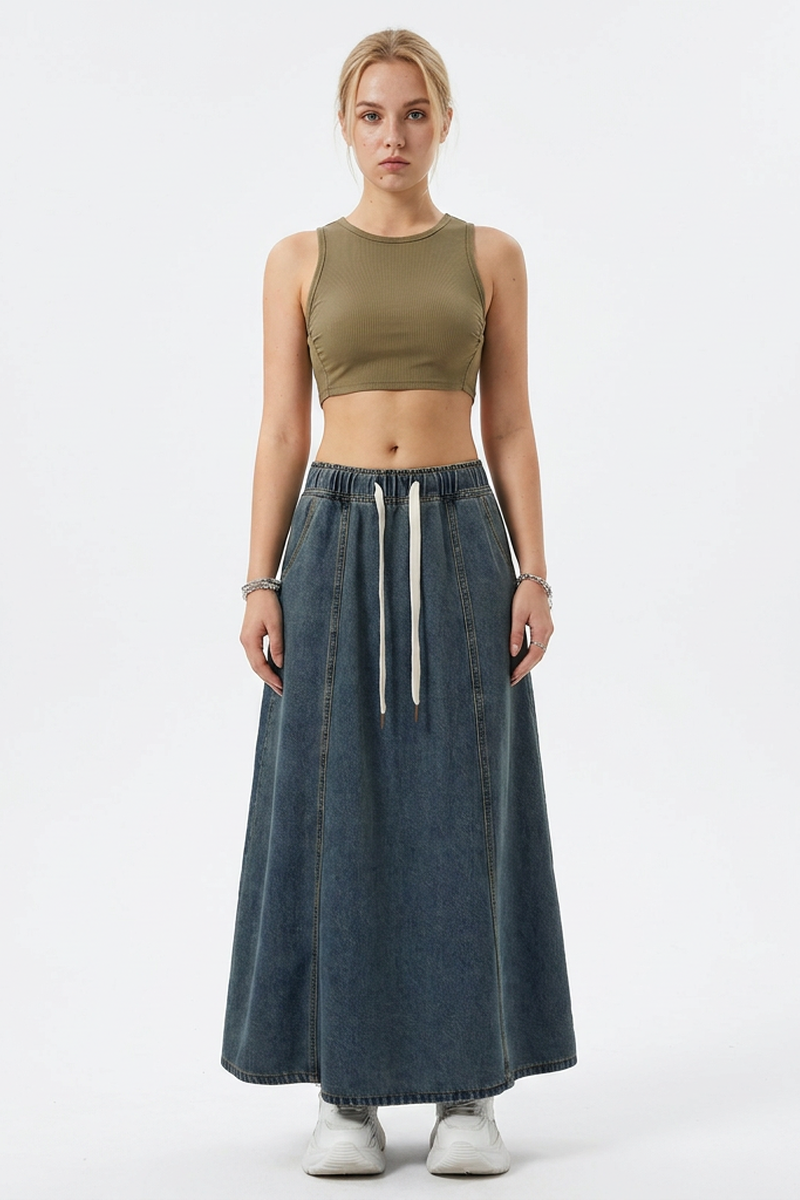 Women's Vintage Wash Drawstring Denim Maxi Skirt