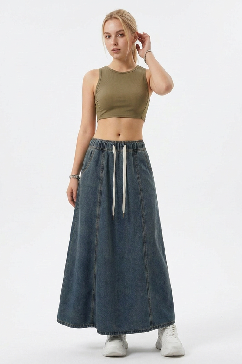 Women's Vintage Wash Drawstring Denim Maxi Skirt