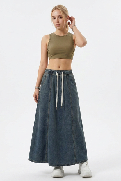 Women's Vintage Wash Drawstring Denim Maxi Skirt