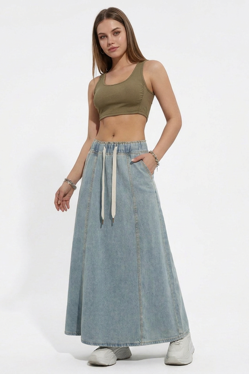 Women's Relaxed Drawstring Denim Maxi Skirt