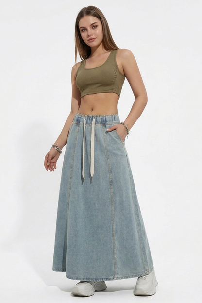 Women's Relaxed Drawstring Denim Maxi Skirt