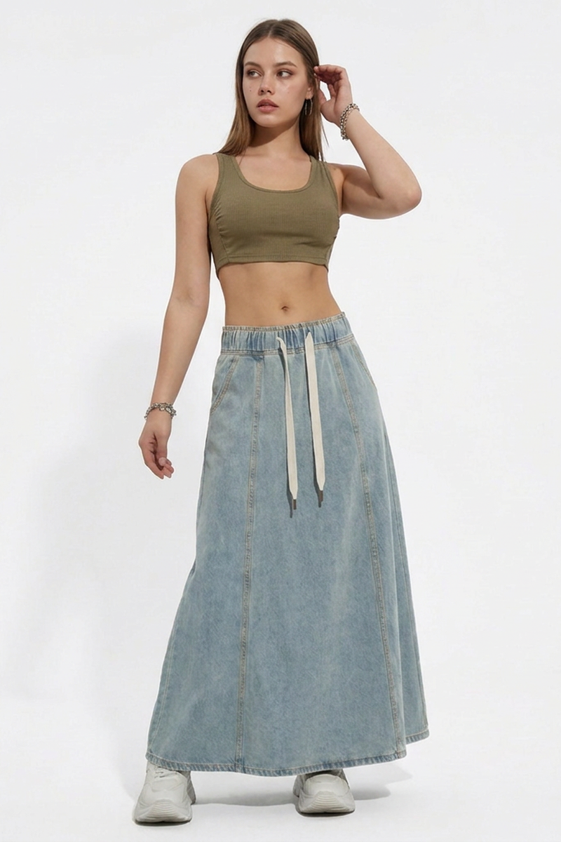 Women's Relaxed Drawstring Denim Maxi Skirt