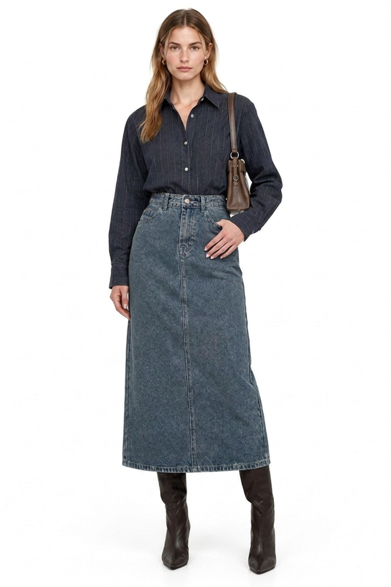 Women's Classic Vintage Wash Denim Midi Skirt