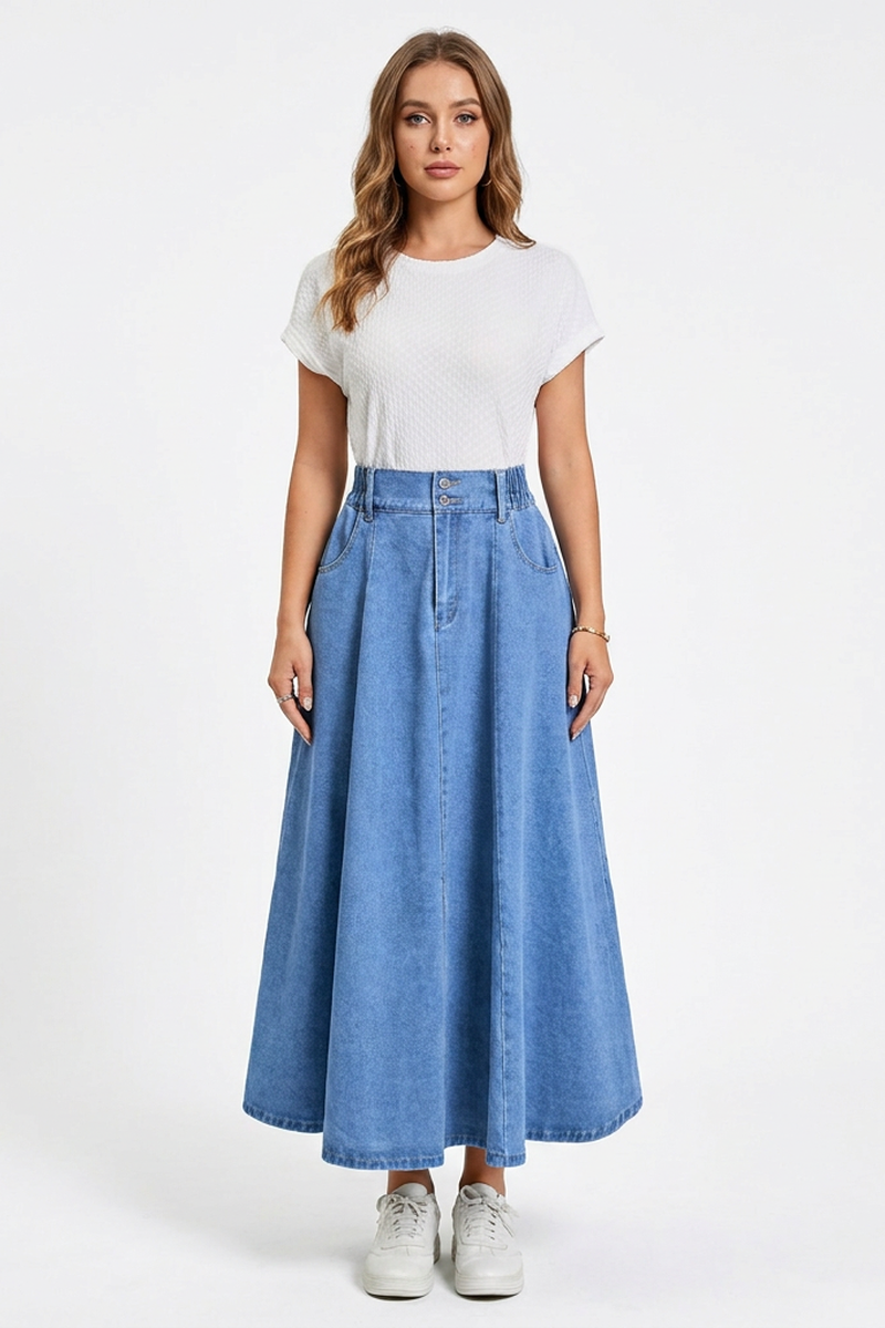 Women's High-Waisted Drawstring Denim Midi Skirt