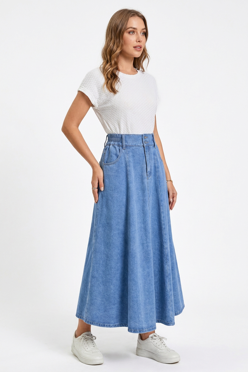 Women's High-Waisted Drawstring Denim Midi Skirt
