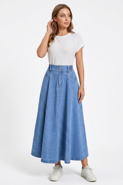 Women's High-Waisted Drawstring Denim Midi Skirt