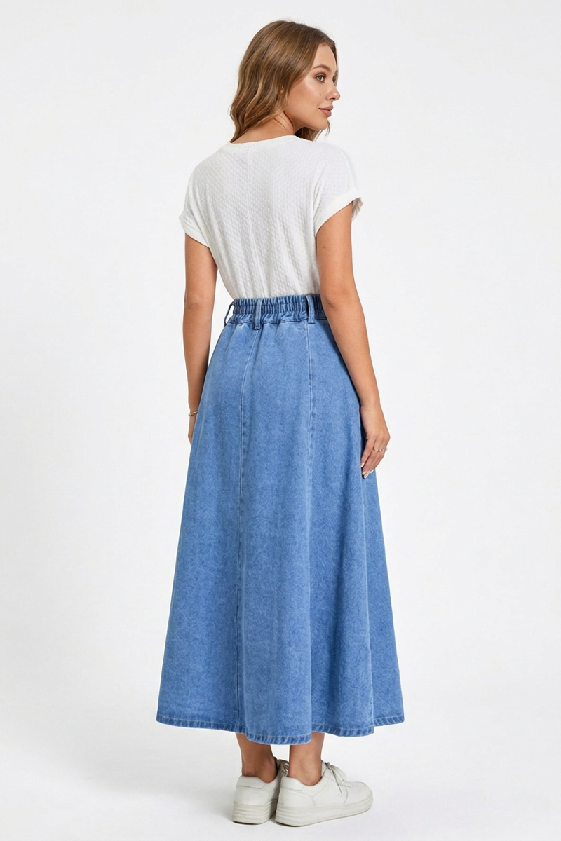 Women's High-Waisted Drawstring Denim Midi Skirt