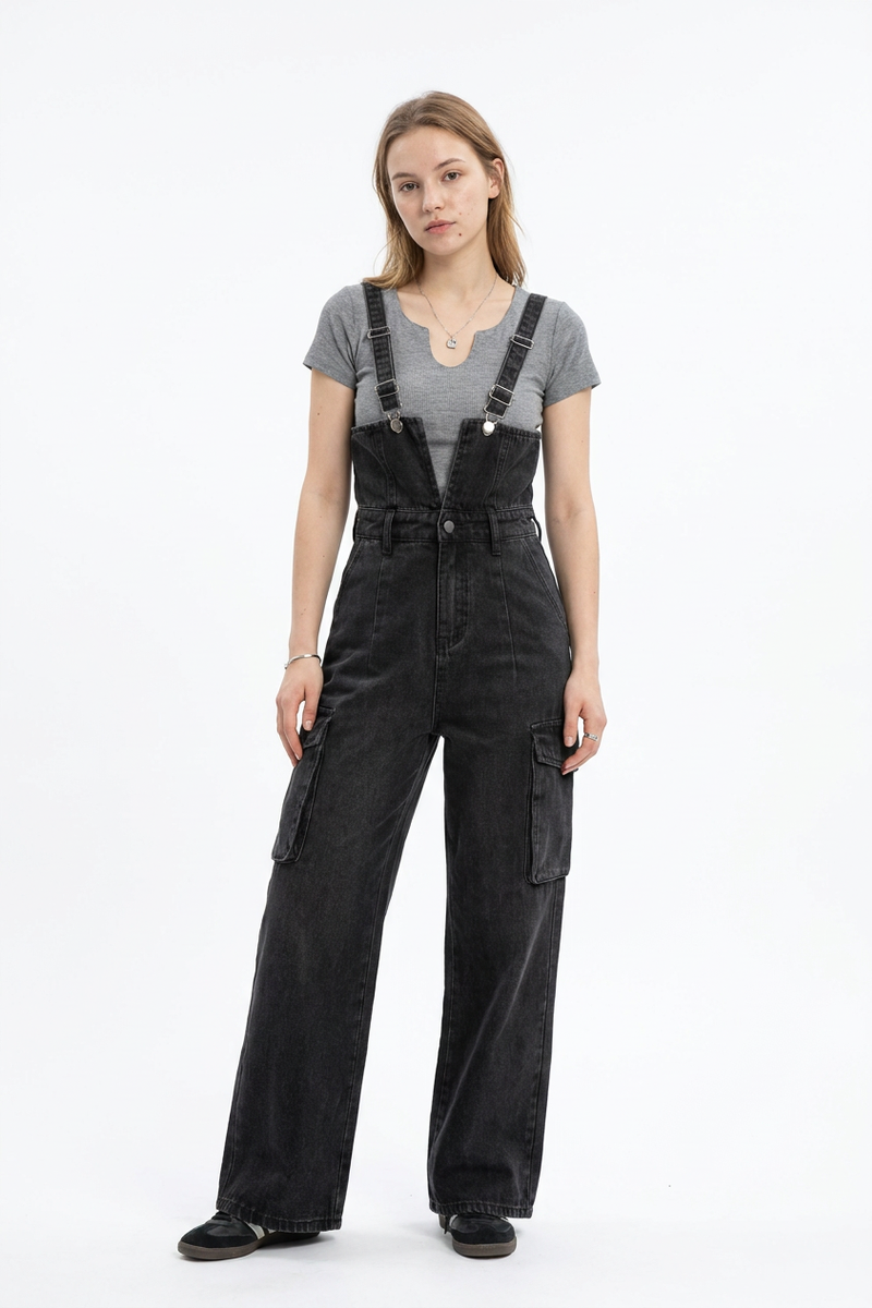 Women's Vintage Wash Black Denim Overalls