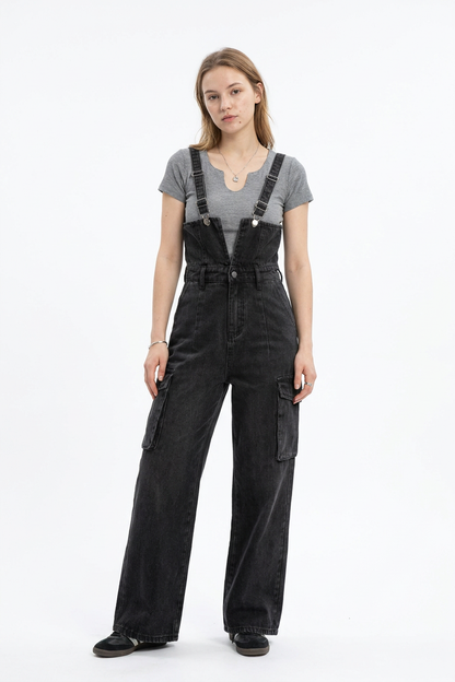 Women's Vintage Wash Black Denim Overalls