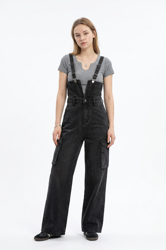 Women's Vintage Wash Black Denim Overalls