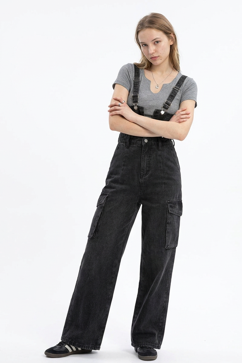 Women's Vintage Wash Black Denim Overalls