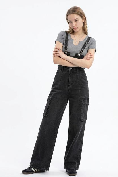 Women's Vintage Wash Black Denim Overalls