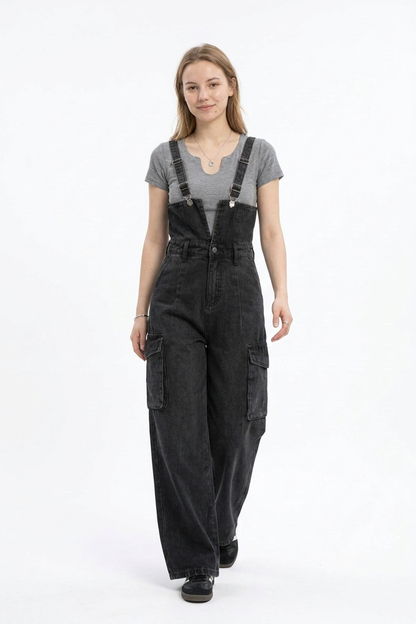 Women's Vintage Wash Black Denim Overalls