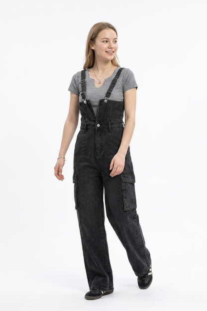 Women's Vintage Wash Black Denim Overalls
