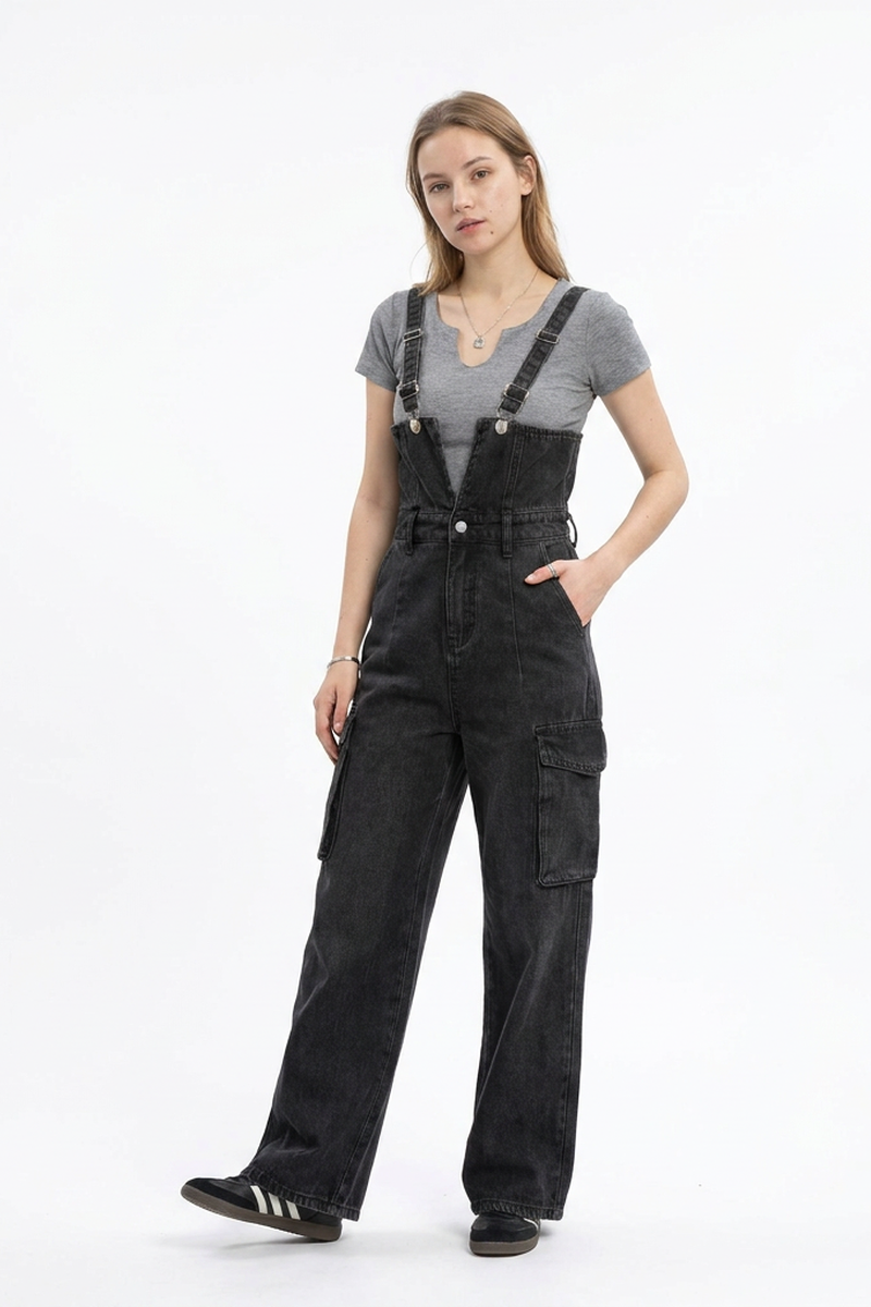 Women's Vintage Wash Black Denim Overalls