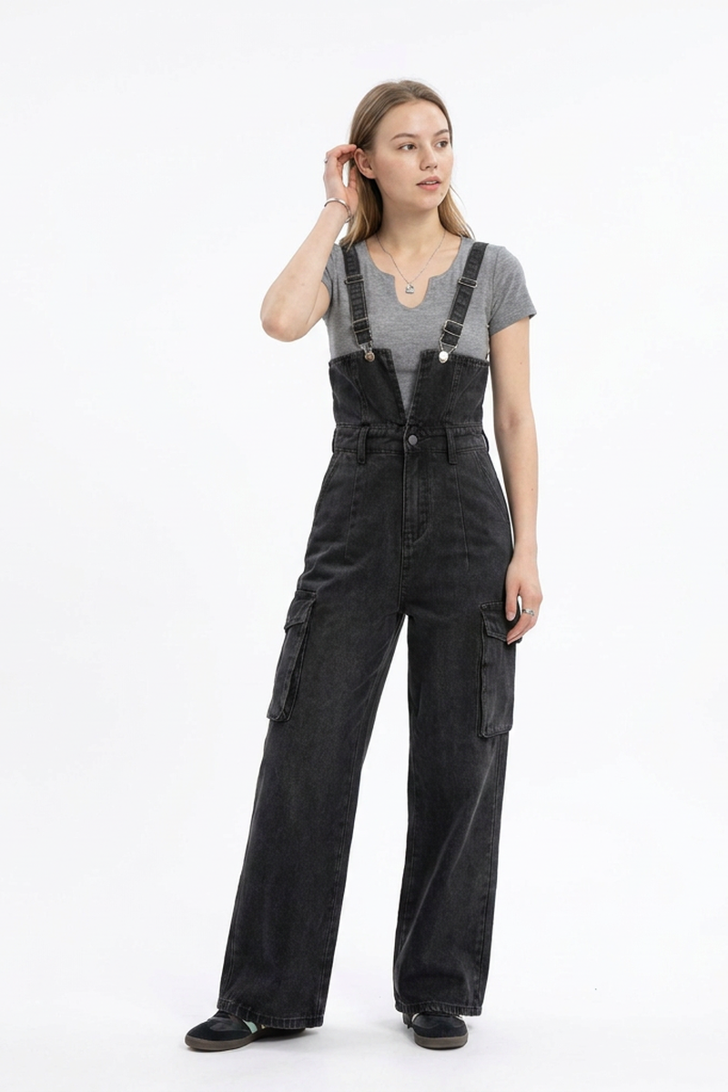 Women's Vintage Wash Black Denim Overalls