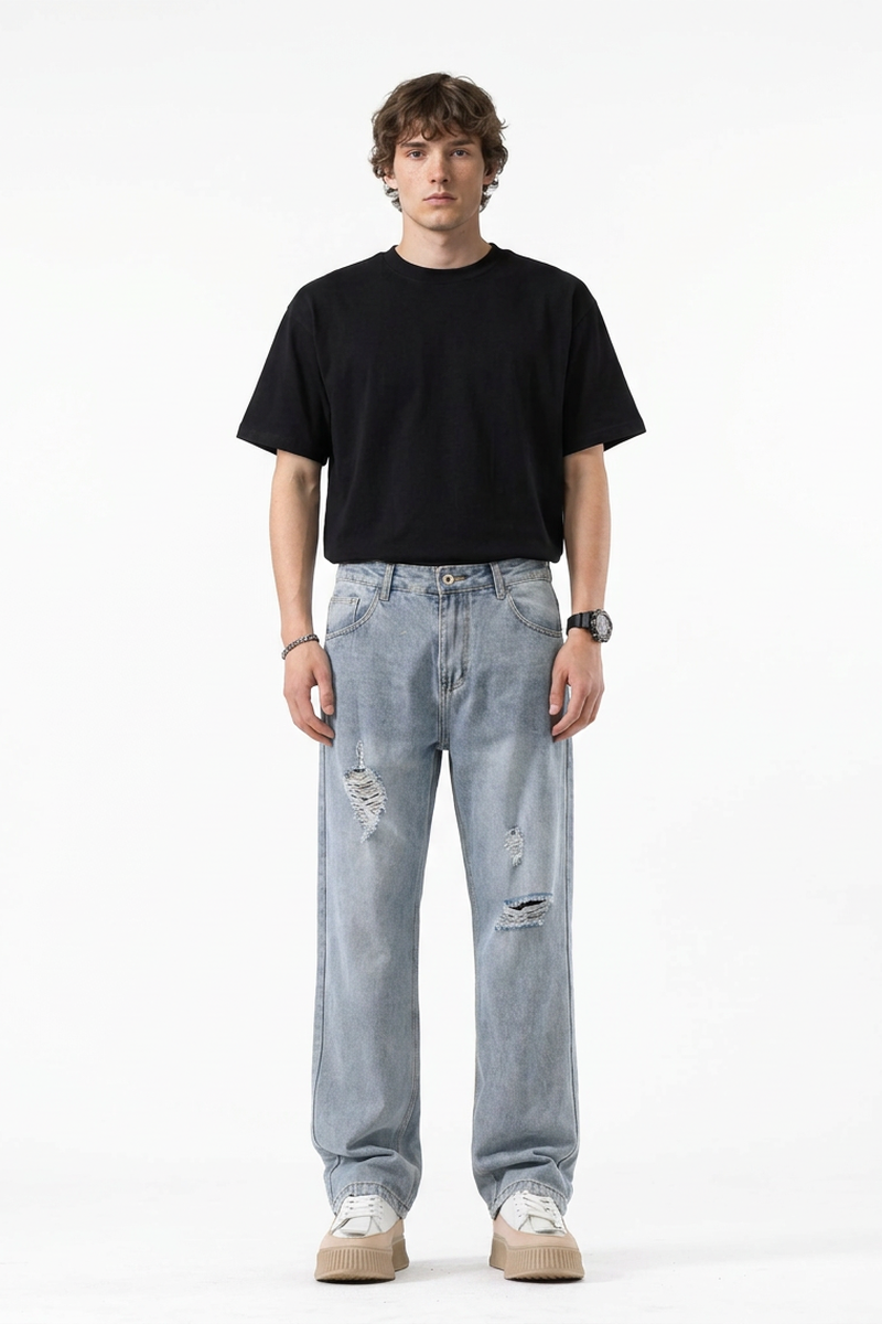 Men's Vintage Wash Ripped Relaxed Fit Straight-Leg Jeans