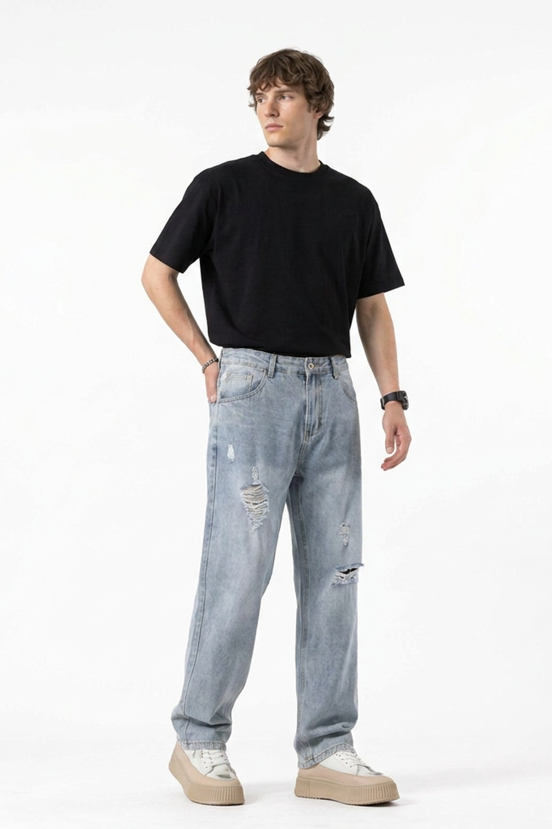 Men's Vintage Wash Ripped Relaxed Fit Straight-Leg Jeans