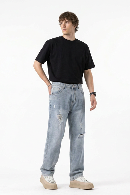 Men's Vintage Wash Ripped Relaxed Fit Straight-Leg Jeans
