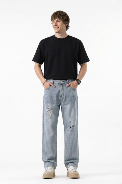 Men's Vintage Wash Ripped Relaxed Fit Straight-Leg Jeans