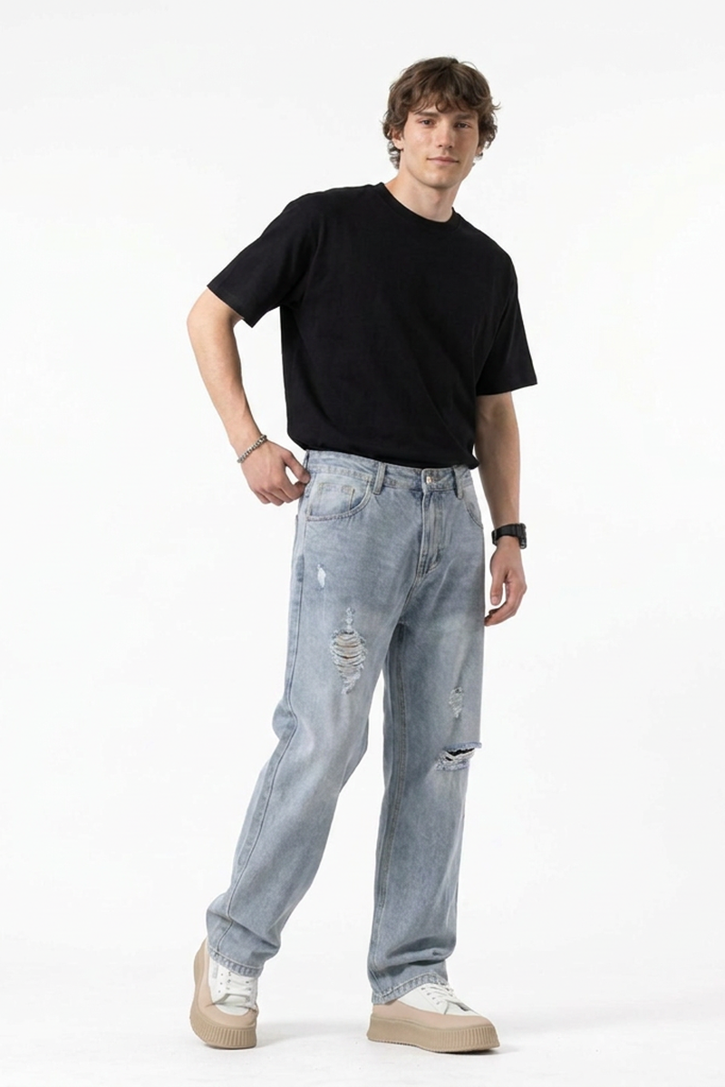 Men's Vintage Wash Ripped Relaxed Fit Straight-Leg Jeans