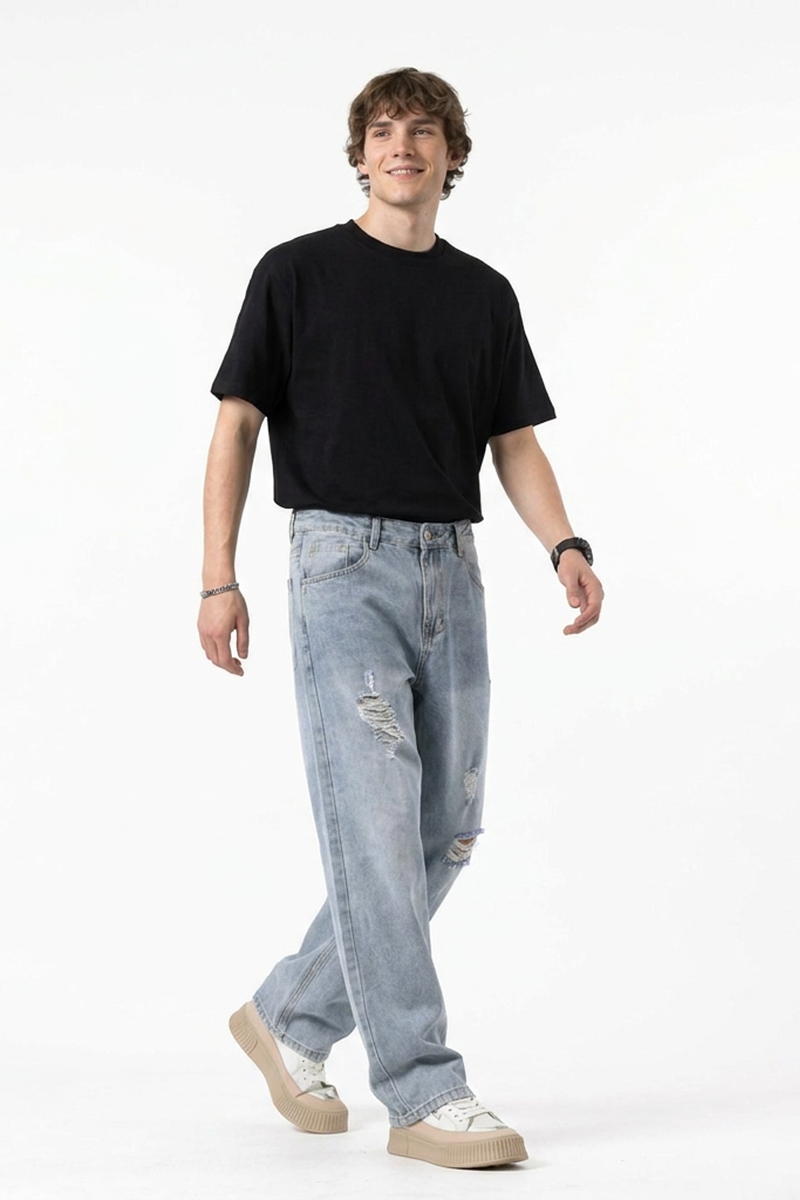 Men's Vintage Wash Ripped Relaxed Fit Straight-Leg Jeans
