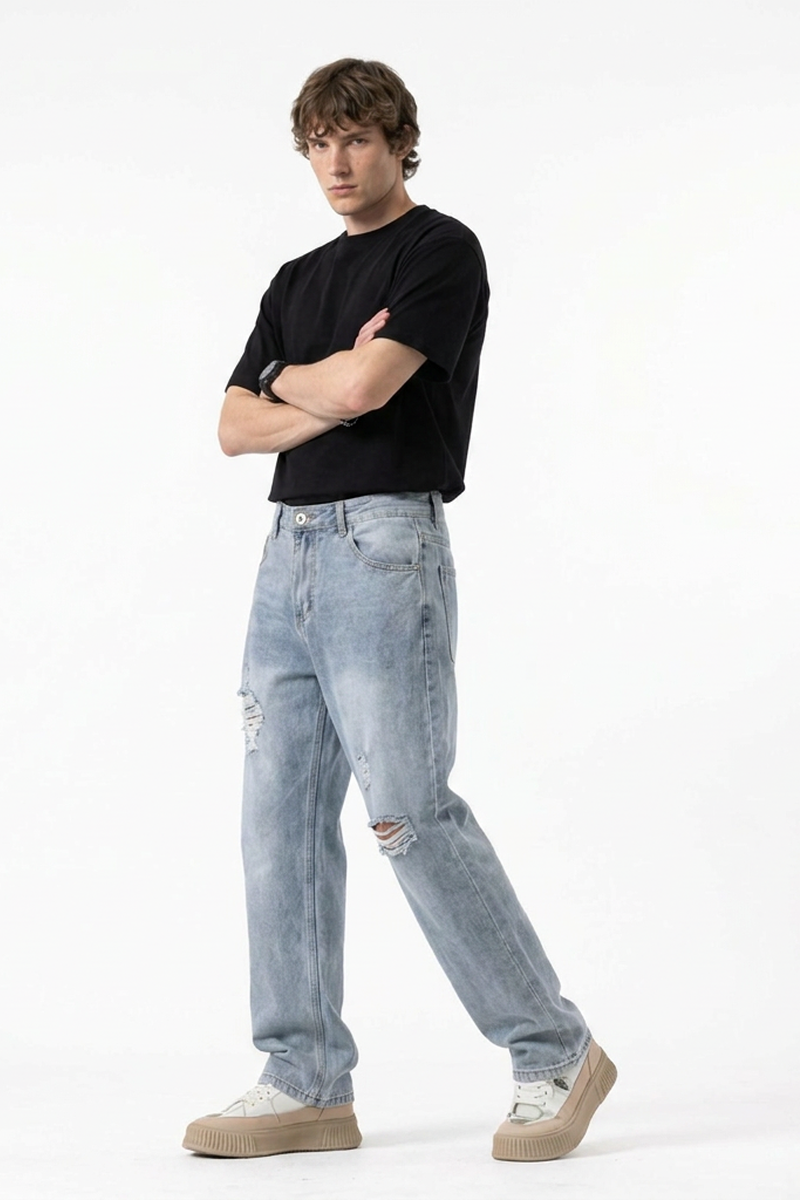 Men's Vintage Wash Ripped Relaxed Fit Straight-Leg Jeans