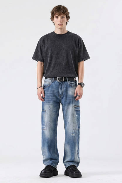 Men's Vintage Wash Straight-Leg Multi-Pocket Cargo Jeans