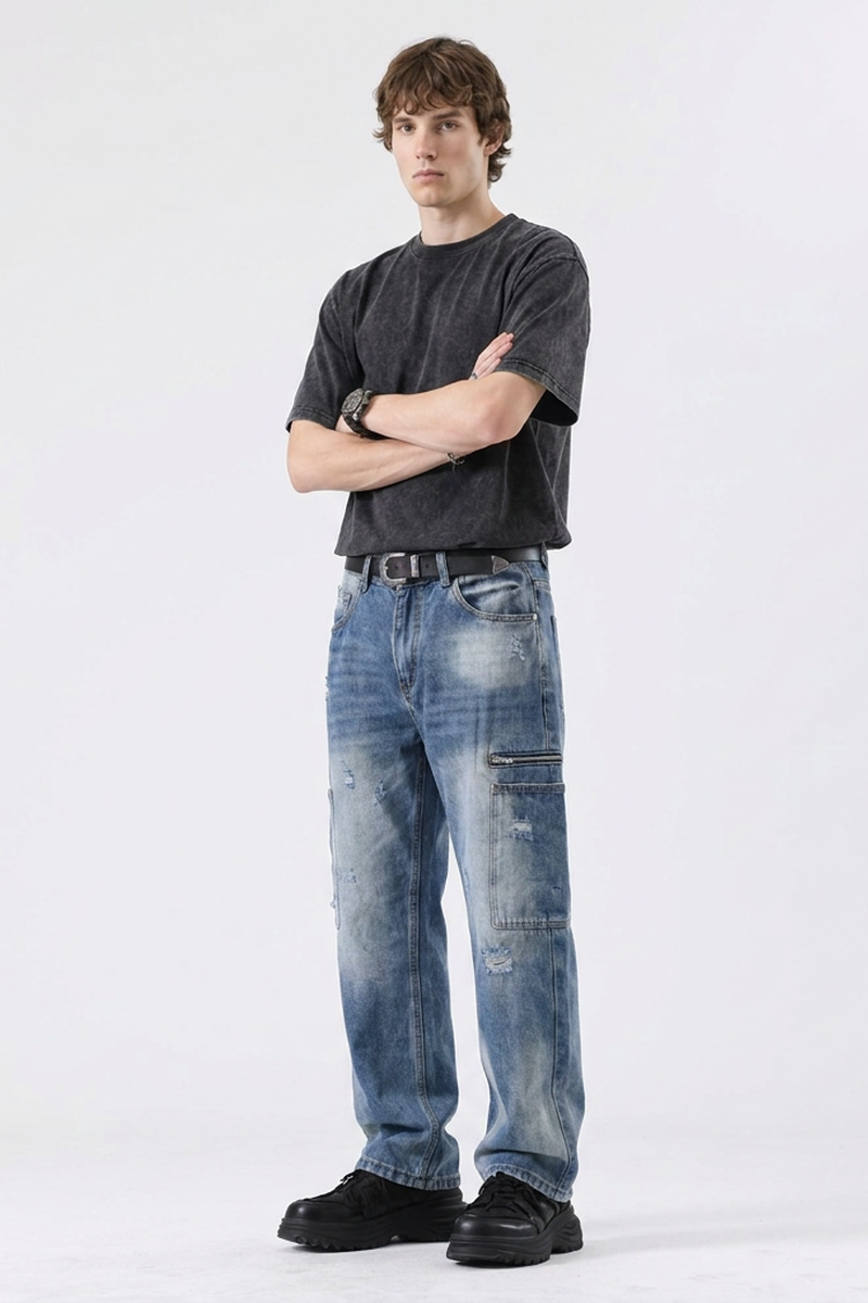 Men's Vintage Wash Straight-Leg Multi-Pocket Cargo Jeans