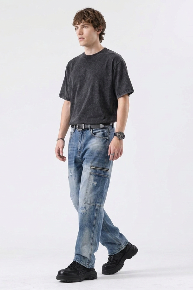Men's Vintage Wash Straight-Leg Multi-Pocket Cargo Jeans