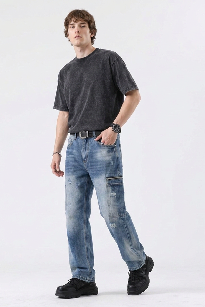 Men's Vintage Wash Straight-Leg Multi-Pocket Cargo Jeans