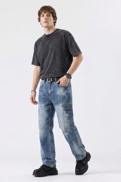 Men's Vintage Wash Straight-Leg Multi-Pocket Cargo Jeans
