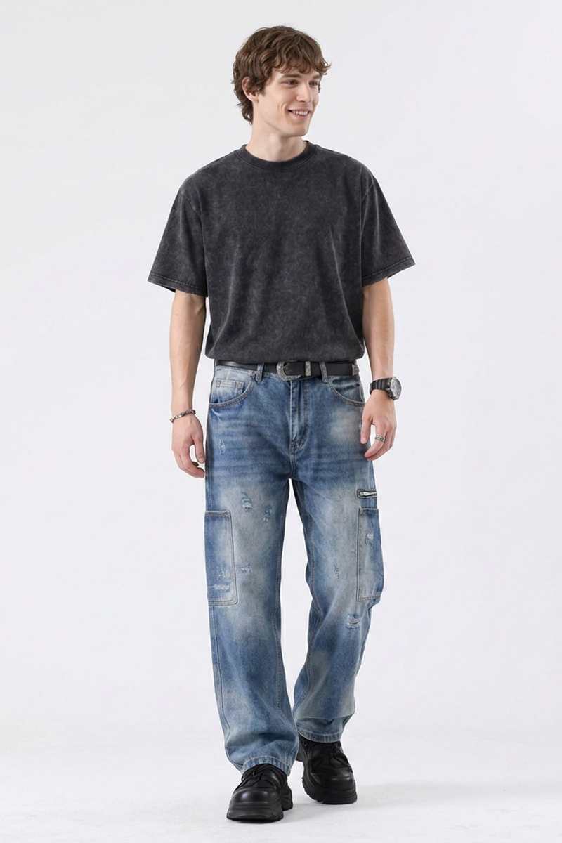 Men's Vintage Wash Straight-Leg Multi-Pocket Cargo Jeans