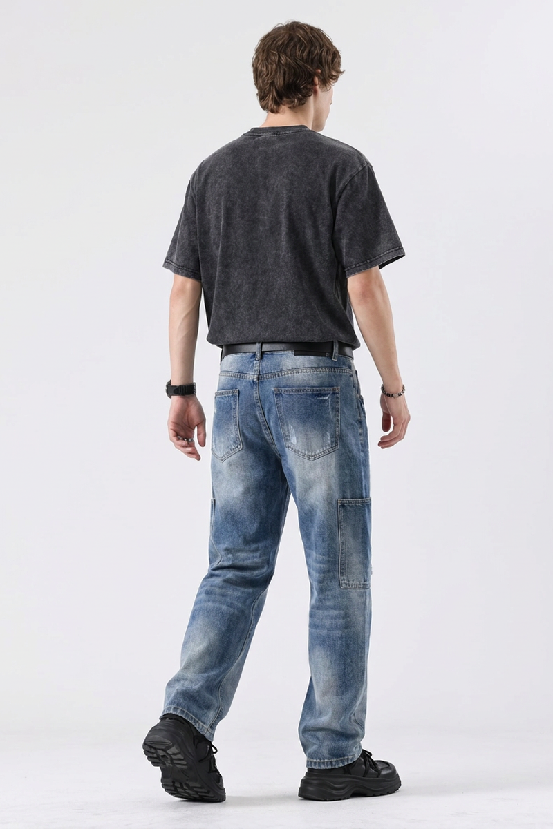 Men's Vintage Wash Straight-Leg Multi-Pocket Cargo Jeans