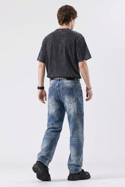 Men's Vintage Wash Straight-Leg Multi-Pocket Cargo Jeans