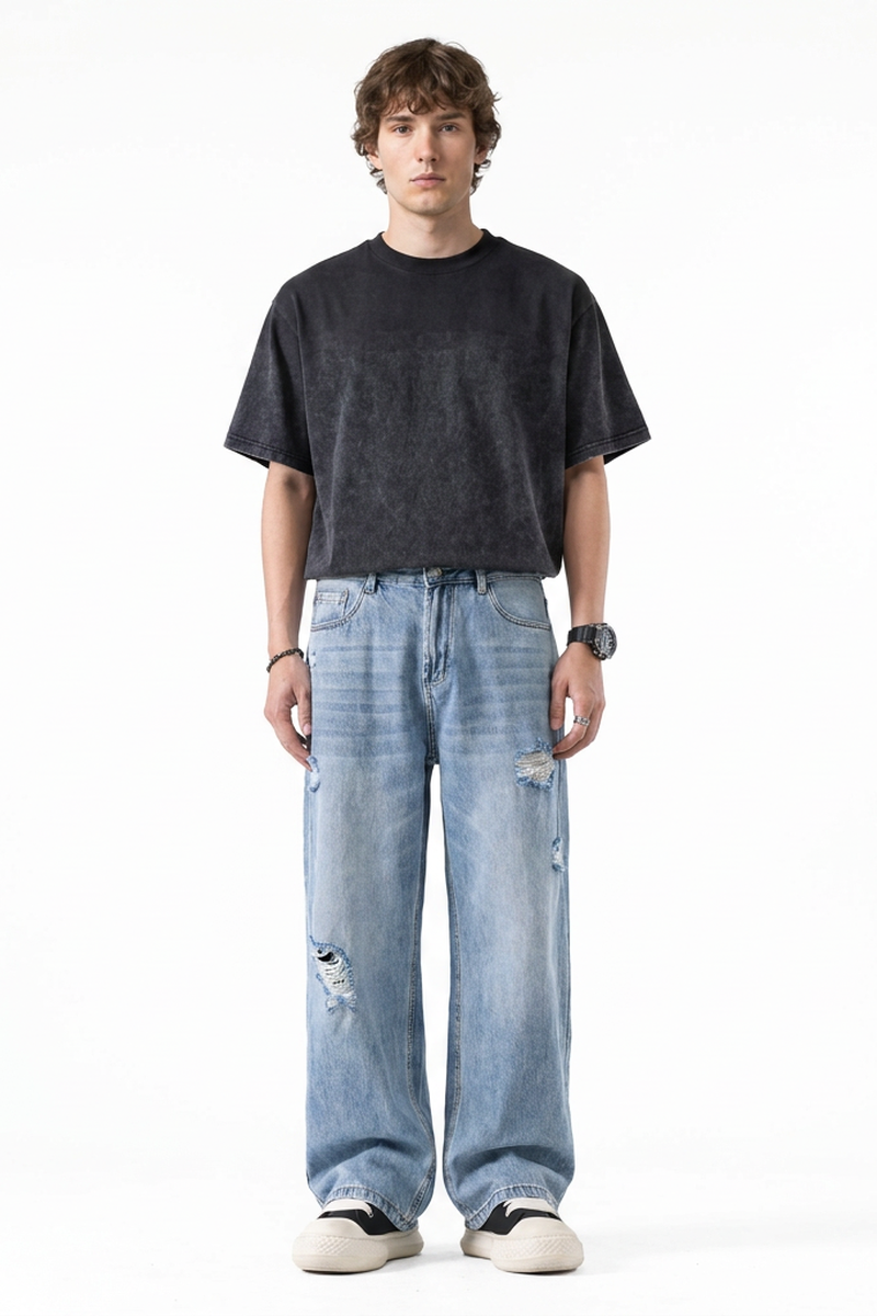 Men's Light Blue Distressed Ripped Wide-Leg Jeans