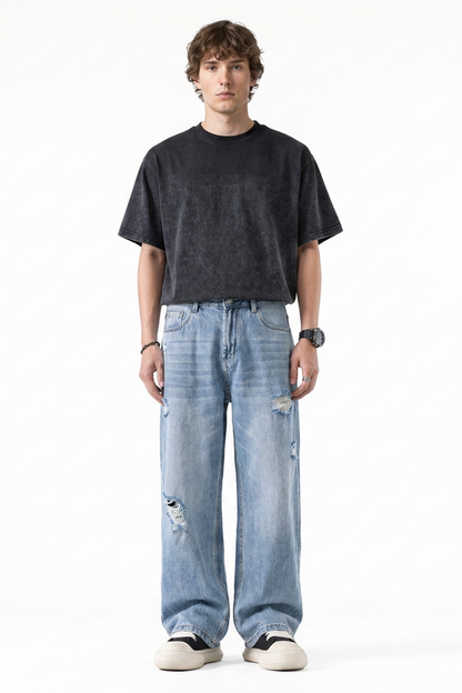 Men's Light Blue Distressed Ripped Wide-Leg Jeans