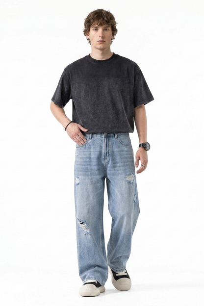 Men's Light Blue Distressed Ripped Wide-Leg Jeans