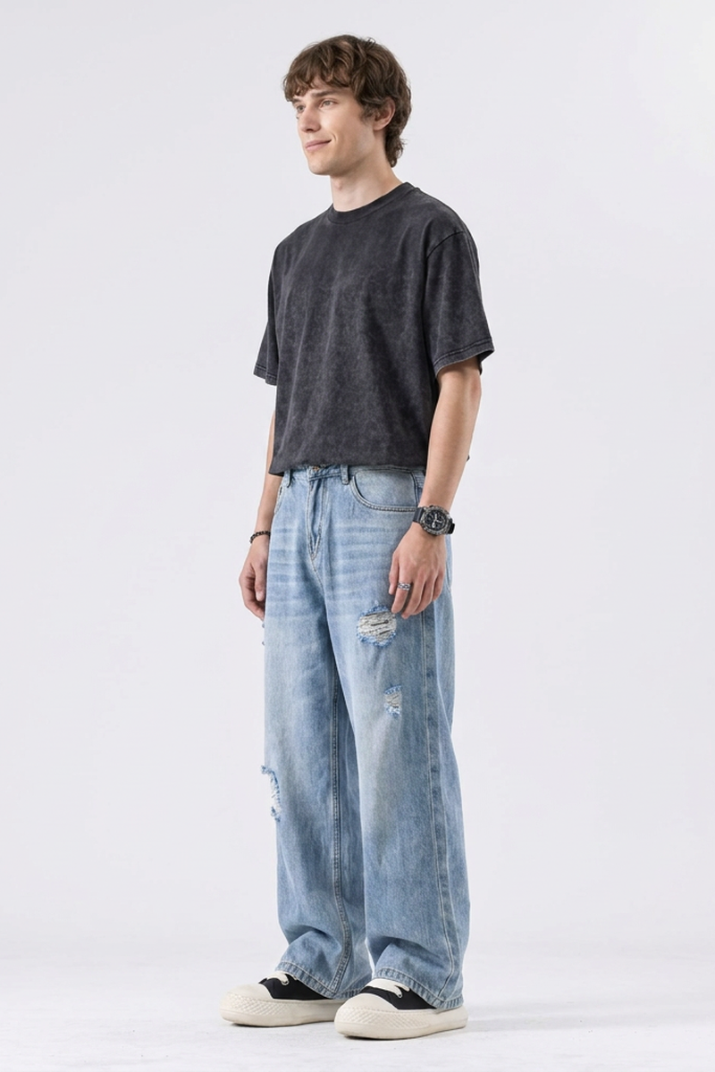 Men's Light Blue Distressed Ripped Wide-Leg Jeans