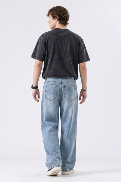Men's Light Blue Distressed Ripped Wide-Leg Jeans